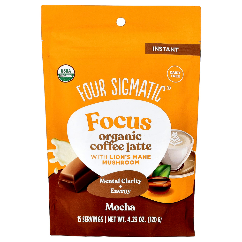 Four Sigmatic, Focus, органический растворимый кофе латте с ежовиком гребенчатым, мокко, 120 г (4,23 унции)