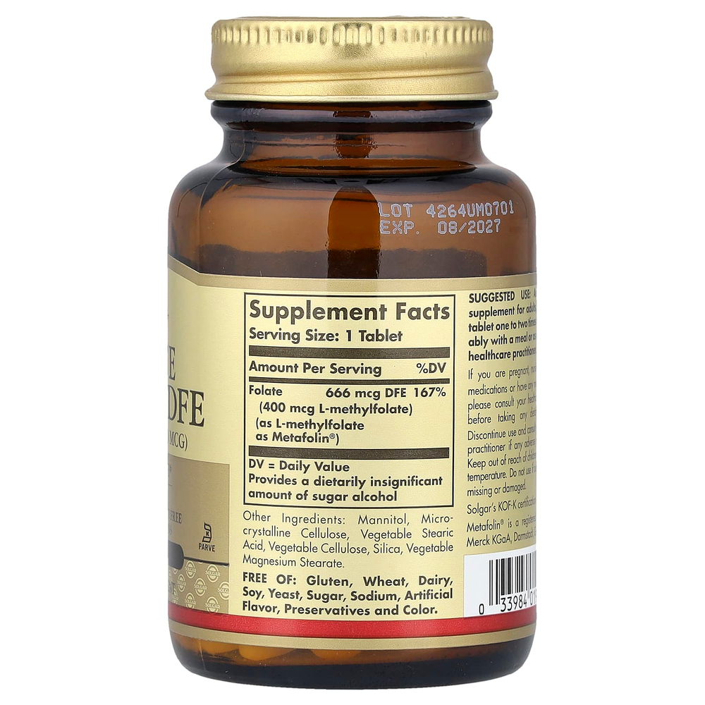 Solgar, фолат, 666 мкг DFE, 100 таблеток