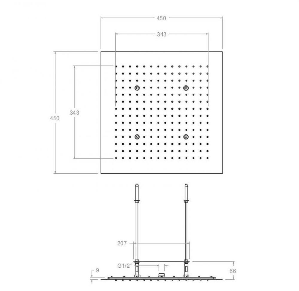 Душ тропический встраиваемый потолочный квадратный 450мм. Хром HYDROTHERAPY RE1K450