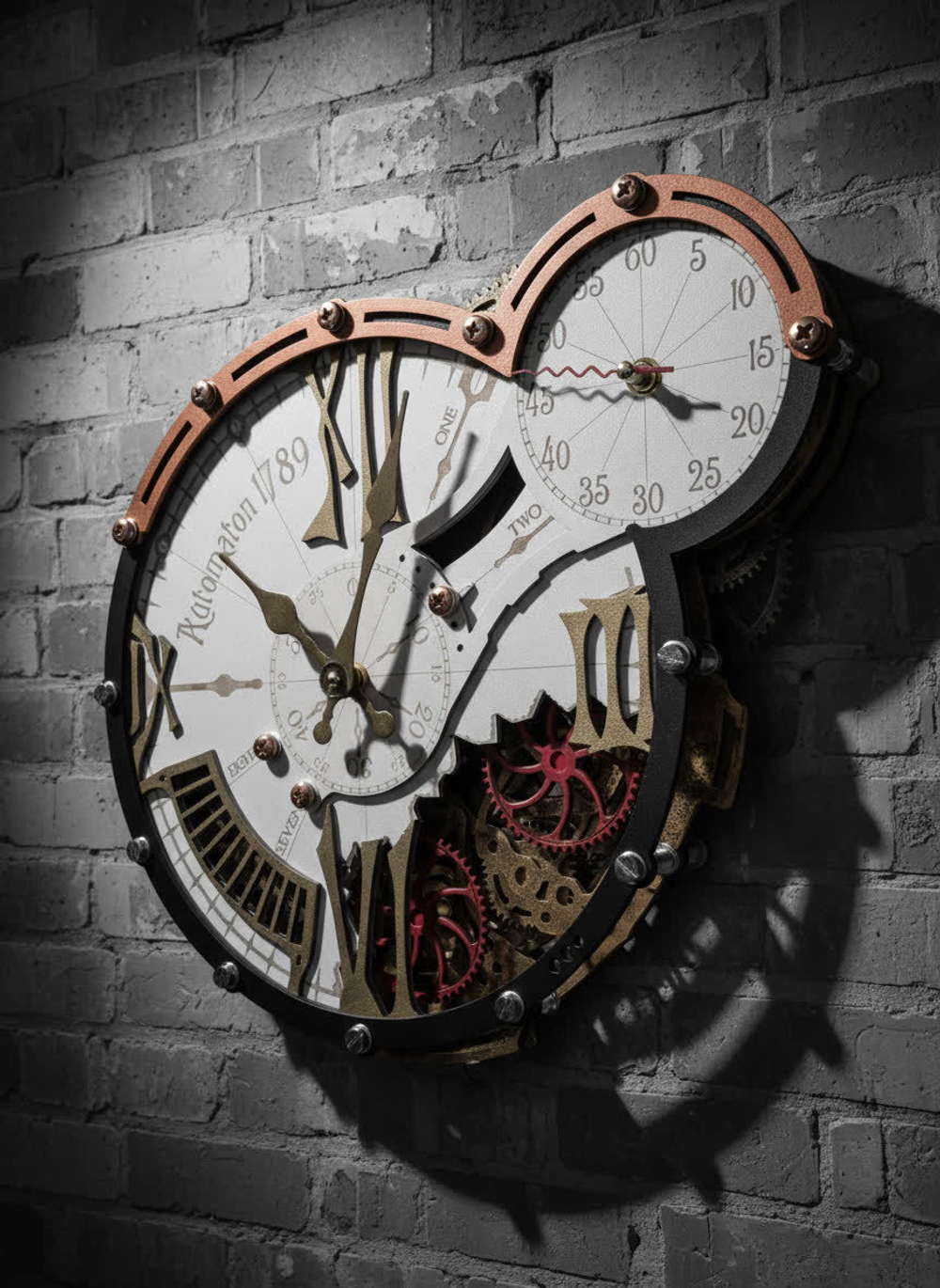 Настенные часы WOODandROOT Automaton 1789 Hermitage с открытым механизмом и латунными стрелками на кирпичной стене