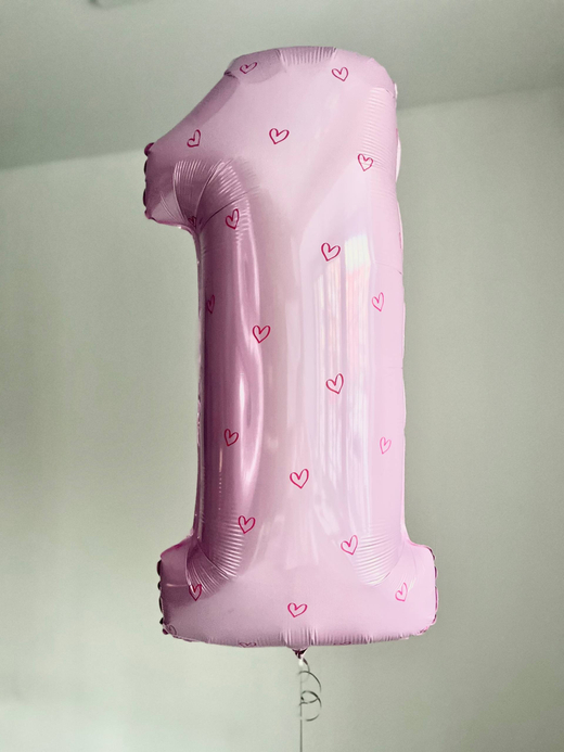Цифра ОДИН 1 фольга 40/102 см нежно-розовая с сердцами №4143