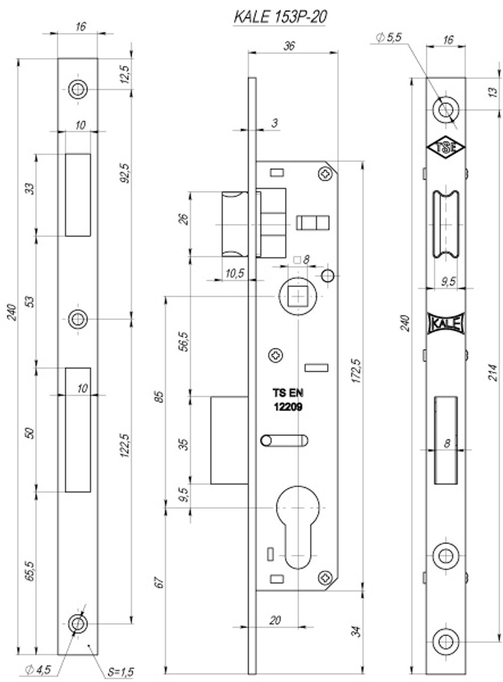 Замок KALE 153/P 20мм никель врезной w\b (корпус) о/п