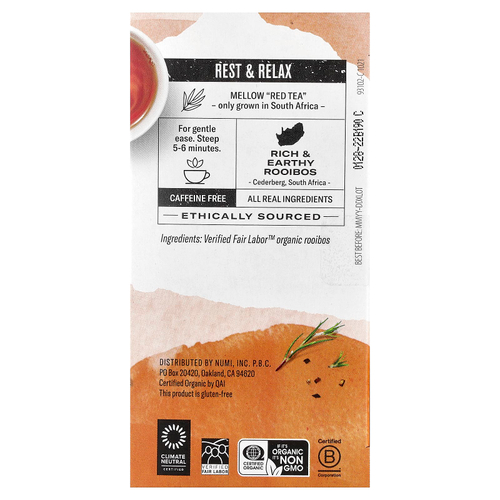 Numi Tea, Organic Herbal Teasan, ройбуш, без кофеина, 18 чайных пакетиков без ГМО, 43,2 г (1,52 унции)