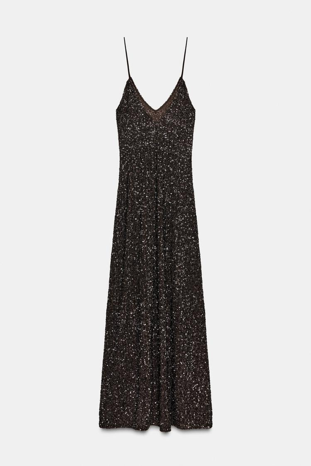 ZARA ДЛИННОЕ ПЛАТЬЕ С ПАЙЕТКАМИ — ZW COLLECTION, КОРИЧНЕВЫЙ