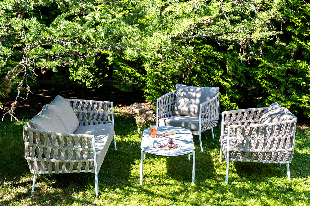 "Форли" лаунж-зона 4-местная плетеная из роупа (веревки), каркас алюминиевый светло-серый, роуп серо-коричневый