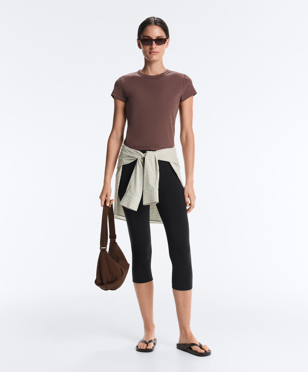 Oysho Футболка Rib Fit из смесового хлопка, коричневый