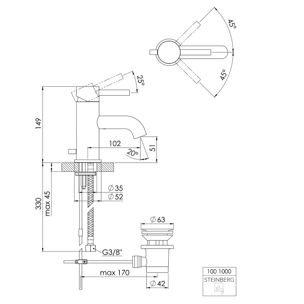 Смеситель для раковины Steinberg Серия 100 с керамическим картриджем, со сливным гарнитуром 1 1/4“, с гибкими шлангами 3/8“, хром 100 1000