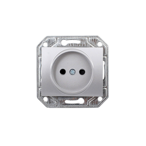 Розетка одинарная СП Корса 16А без заземлен.+защ. штор  серебро.+накл