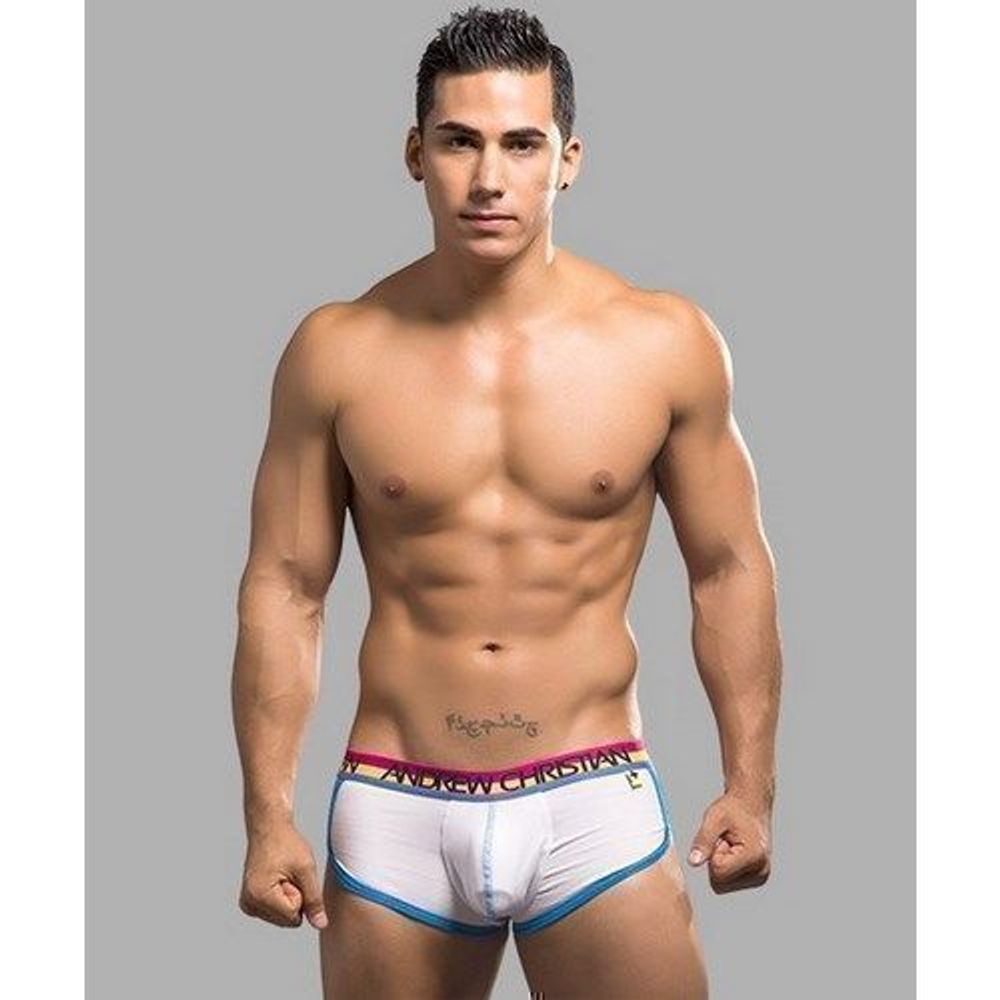 Мужские трусы боксеры белые с цветной резинкой Andrew Christian AC9765