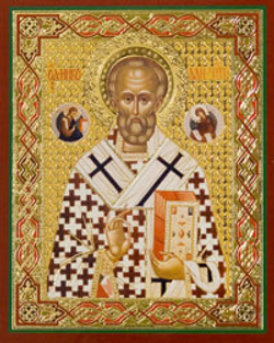 Икона на деревянной основе Николай свт. (вид 4 - белое обл. м-ва вод.) 8х6 с тиснением золотой фольг