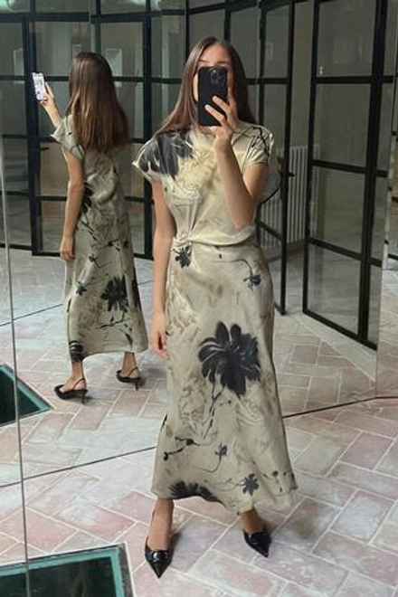 ZARA ПЛАТЬЕ МИДИ ИЗ САТИНА, РАЗНОЦВЕТНЫЙ