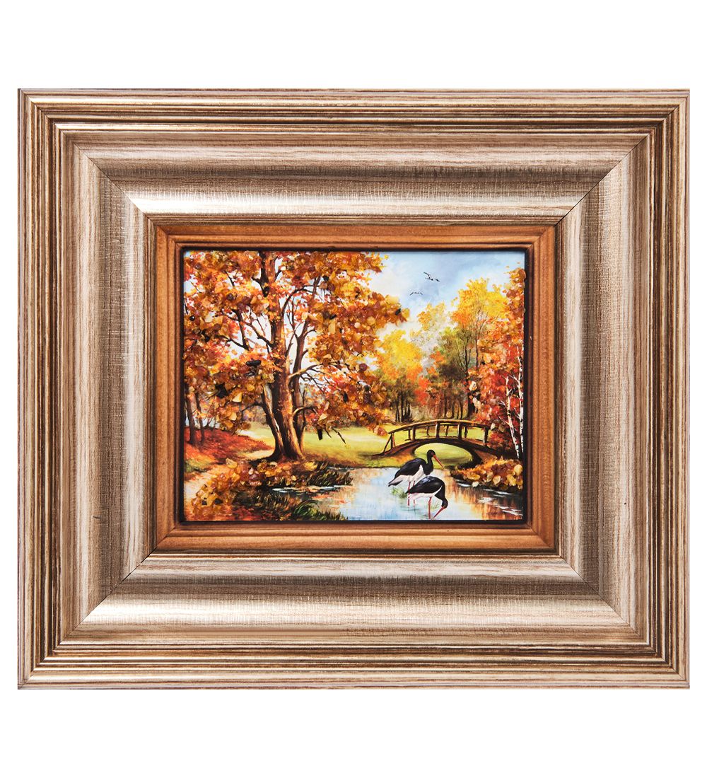 AMB-04/16 Картина «Аисты на озере» (с янтарной крошкой) L-18см