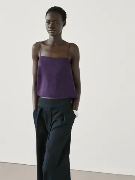 Massimo Dutti Атласный топ с разрезом, фиолетовый