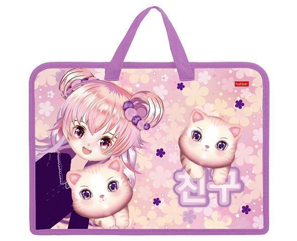 Папка для тетрадей А4ф с ручками пластиковая на молнии "Аниме с котиком" (Хатбер)