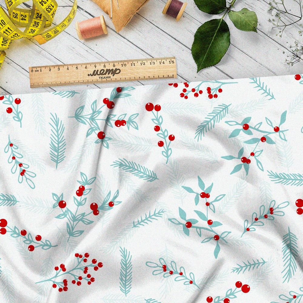 Ткань интерлок прозрачные веточки с клюквой