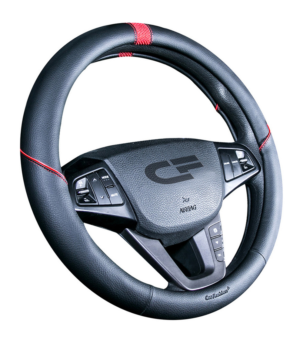 Оплетка на руль круглая CarFashion -М- «SECTOR» 31395 - Экокожа - черный/красный/шов черный