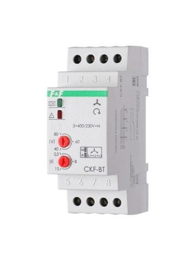 Реле контроля наличия и чередования фаз CKF-BT (монтаж на DIN-рейке 35мм; микропроцессорный; регулировка порога отключения и времени отключения; контроль верхнего и нижнего значений напряжения; 3х400/230+N 2х8А 1Z 1R IP20) F&F EA04.002.004
