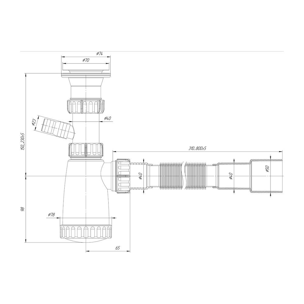 Сифон 1 1/2*40 с носиком, с гофрой 40*40*50 (800мм) BG4080W ИНКОПЛАСТ (винт М6*80)