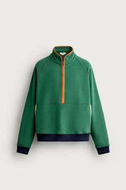 ZARA ТОЛСТОВКА С ВОРОТНИКОМ И МОЛНИЕЙ В СТИЛЕ COLOR BLOCK, ЗЕЛЕНЫЙ