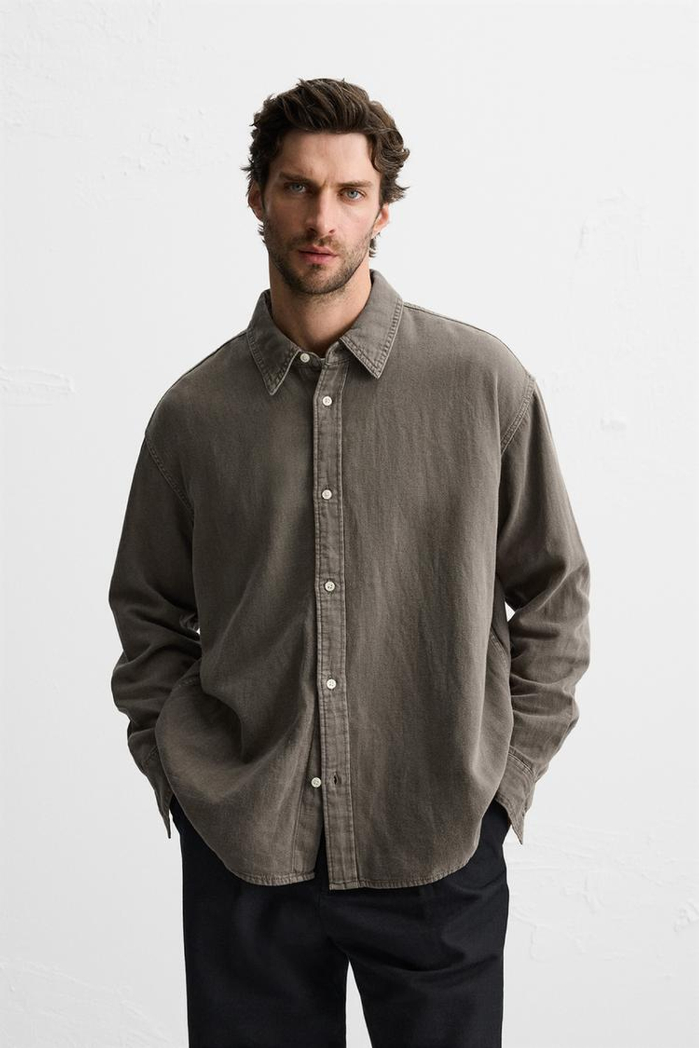 ZARА ДЖИНСОВАЯ РУБАШКА, ТЕМНО-СЕРЫЙ/КОРИЧНЕВЫЙ