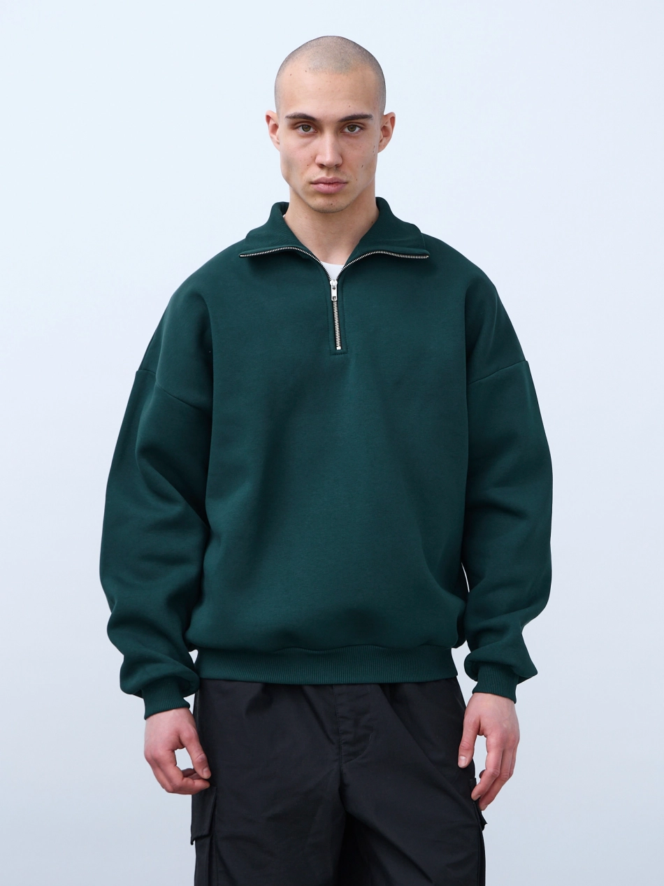 Свитшот с воротником на молнии с начесом (темно-зеленый)