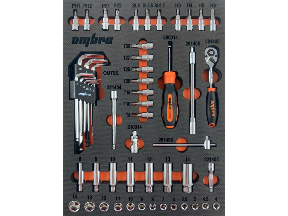 Набор головок торцевых 1/4"DR 41730 мм с аксессуарами в EVA ложементе 280х375 мм, 54 предмета Ombra OMT54STE