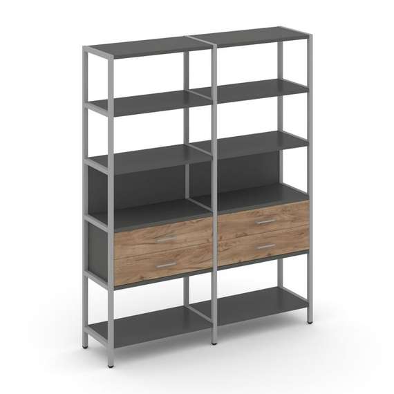 Shelf System Двухсекционный стеллаж пятиярусный с ящиками SN.STM-522 Антрацит/Дуб Табак/Металл Серый