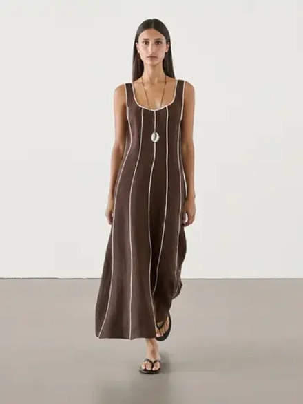 Massimo Dutti Двухцветное платье с контрастными деталями, коричневый
