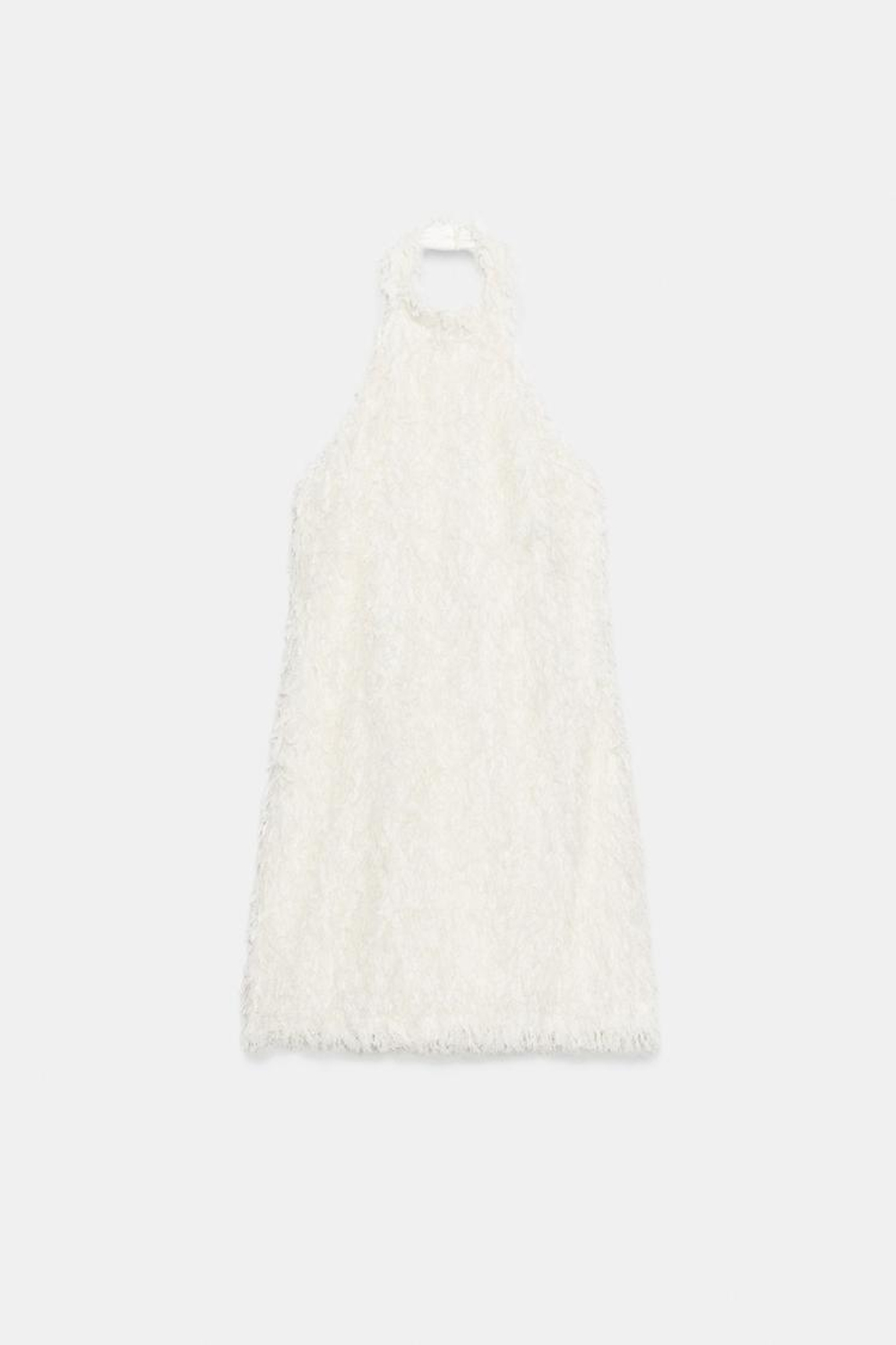 ZARA МИНИ-ПЛАТЬЕ С БАХРОМОЙ, ЭКРЮ