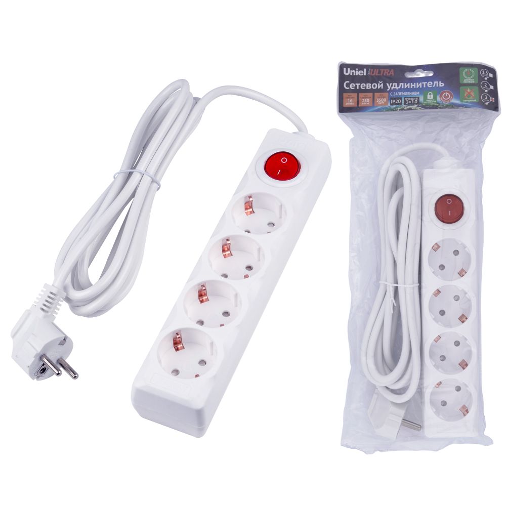S-GCU4-3B WHITE Удлинитель серии Ultra. шнур 3м.. 4 гнезда. 16A. с-з. Белый. TM Uniel