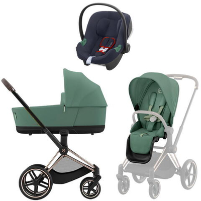 Коляска 3 в 1 Cybex Priam IV Rosegold complete и автокресло Aton B2 i-Size Bay Blue Leaf Green