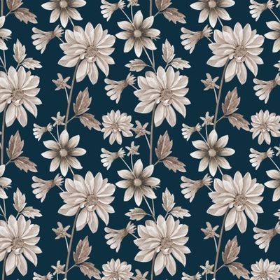 монохромные акварельные цветы на синем фоне