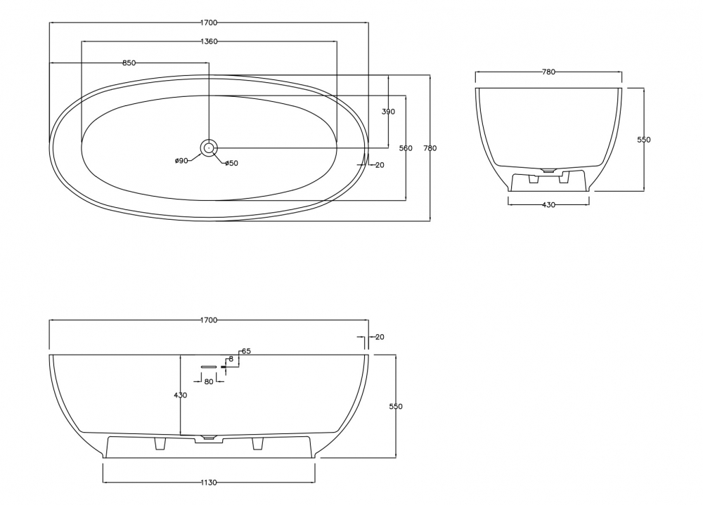 Ванна из искусственного камня ABBER Stein AS9641-1.7 белая матовая  170x78 см