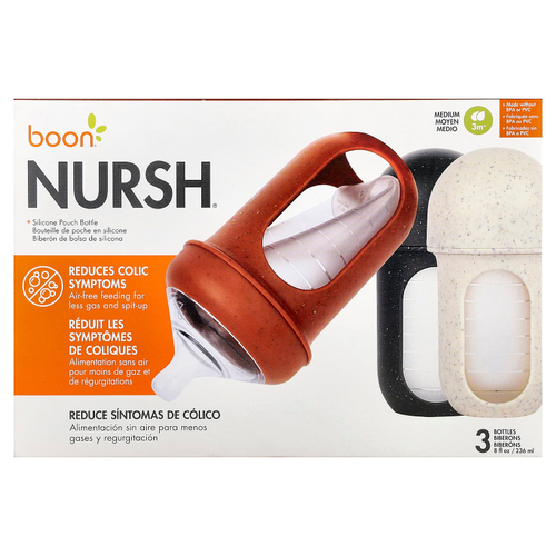 Boon, Nursh®, флакон в силиконовом пакете, средний, для детей от 3 месяцев, 3 флакона по 236 мл (8 унций)