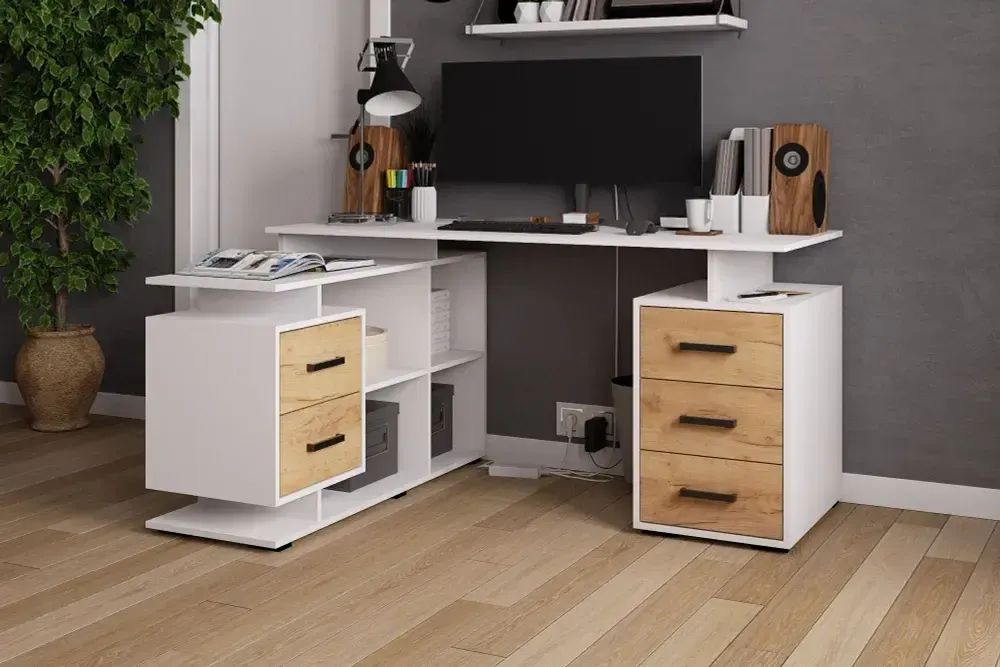 Компьютерный стол угловой СКМУ-3 (Дуб крафт золотой/белый) МФ Микон