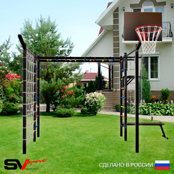 Уличная шведская стенка Sv Sport рукоход с комплектом турник прямой 2шт У5107К (Турник/Брусья/Скамья/Щит баскет/Кронш бокс/Канат/кольца/лестница/Сетка)