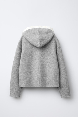 ZARA ВЯЗАНАЯ КУРТКА С КАПЮШОНОМ И КРУЖЕВНОЙ ОТДЕЛКОЙ, МЯГКИЙ СЕРЫЙ