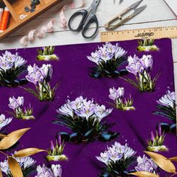 Ткань ниагара цветы крокусы на фиолетовом