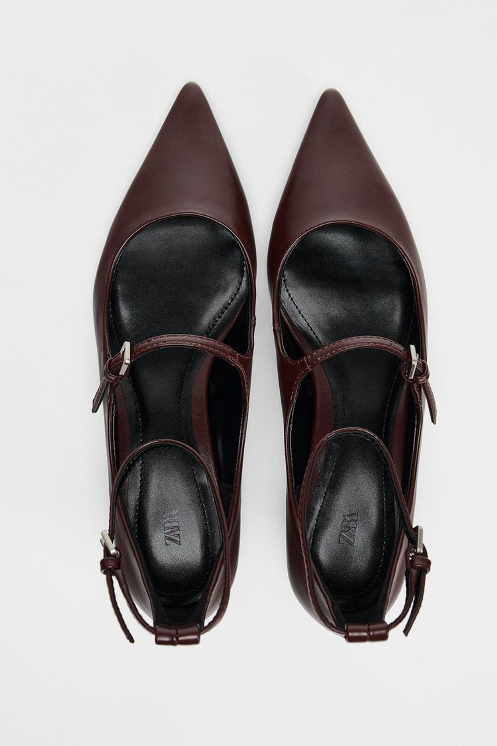 ZARA ТУФЛИ НА СРЕДНЕМ ТОНКОМ КАБЛУКЕ С РЕМЕШКАМИ, БОРДОВО-КРАСНЫЙ