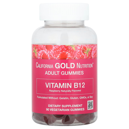 California Gold Nutrition, жевательный витамин B12, с натуральным малиновым вкусом, без желатина, 3000 мкг, 90 жевательных таблеток (1500 мкг в 1 таблетке)