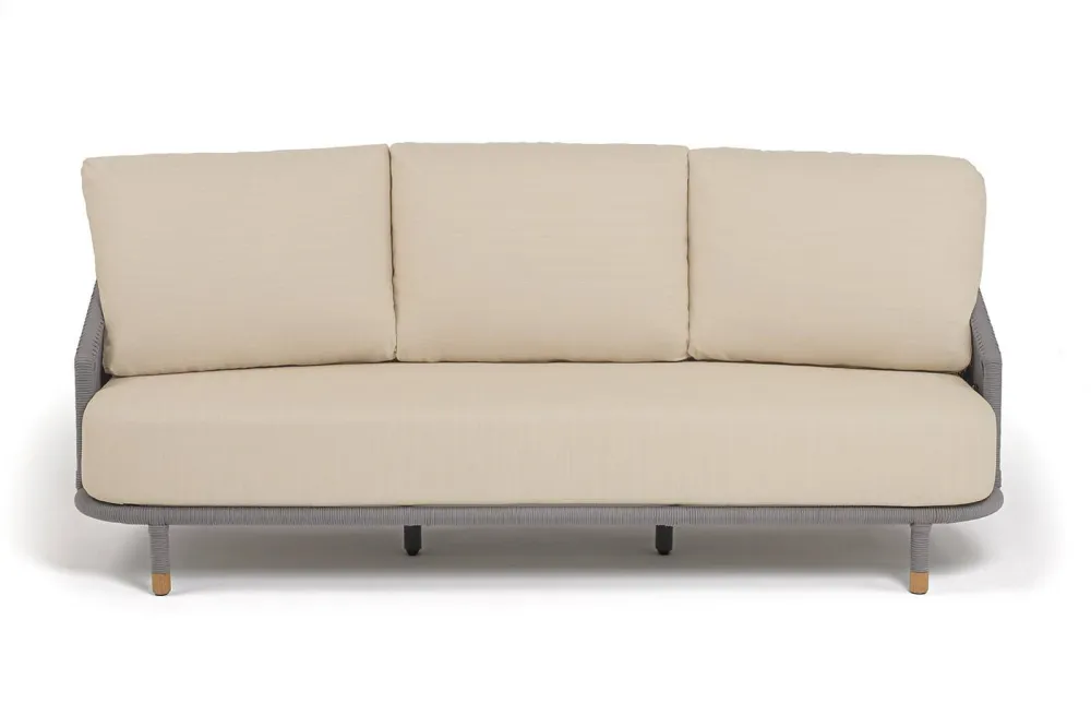 "Верона" диван 3-местный плетеный из роупа, каркас алюминий светло-серый (RAL7035) муар, роуп светло-серый круглый, ткань Mossle светло-бежевая