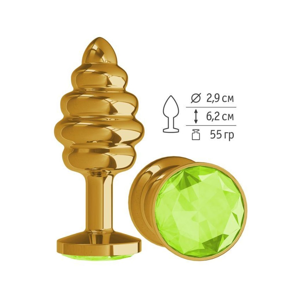 512-12-LIME DD / Анальная  втулка Gold Spiral с салатовым кристаллом