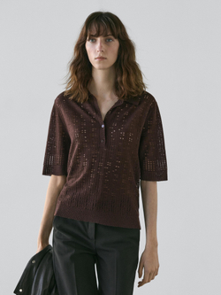 Massimo Dutti Трикотажное поло из смесовой шерсти с короткими рукавами, шоколадный