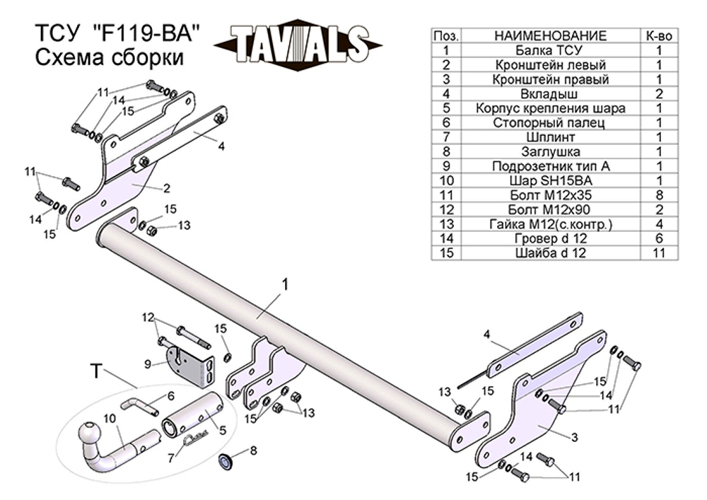 Фаркоп(прицепное) Tavials для FORD FOCUS 3 ( универсал) 2010 - ... (С БЫСТРОСЪЕМНЫМ ШАРОМ)(паспорт и сертификат в комплекте)(без электрики)T-F119-BA