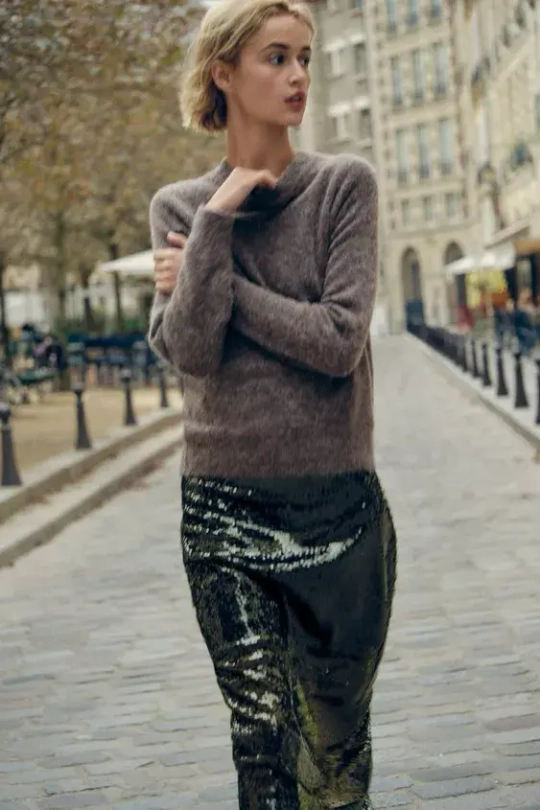 ZARA ОДНОТОННЫЙ СВИТЕР ИЗ ШЕРСТИ И АЛЬПАКИ, СЕРО-КОРИЧНЕВЫЙ