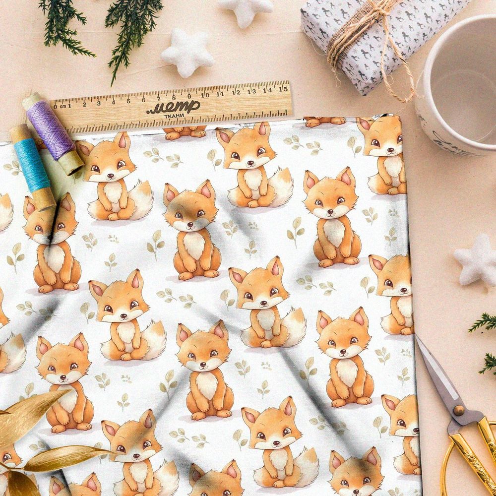 Ткань премиум сатин маленькие милые лисята