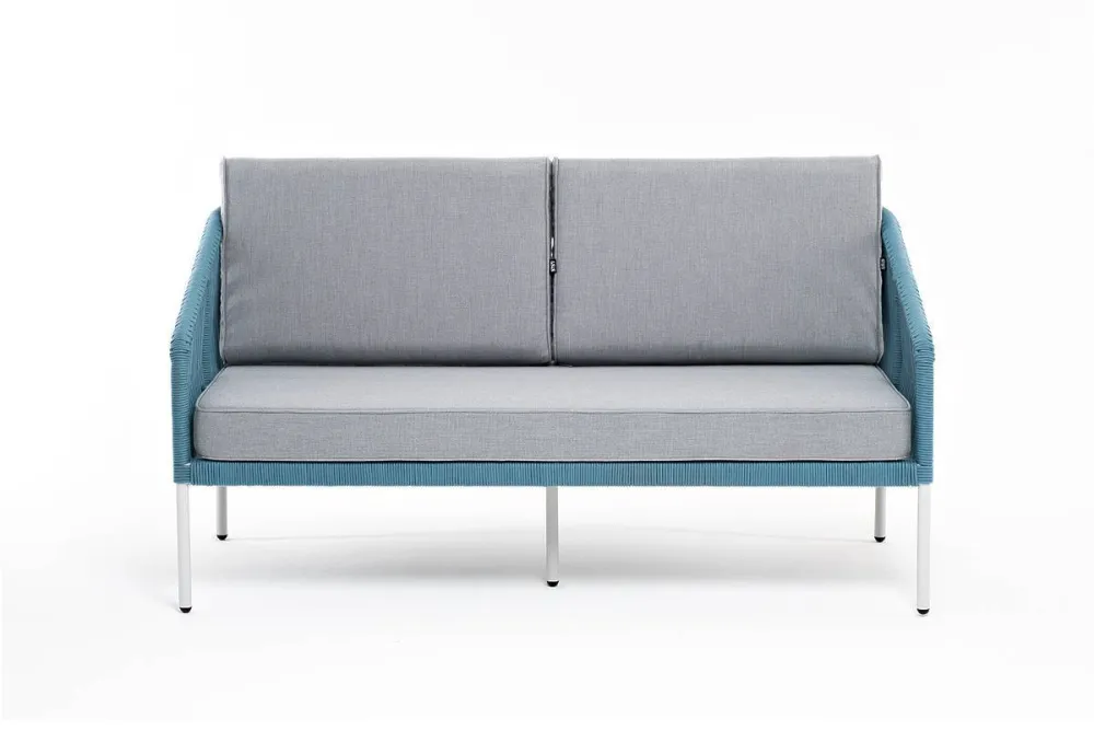 "Канны" диван 2-местный плетеный из роупа, каркас алюминий светло-серый (RAL7035) муар, роуп бирюзовый круглый, ткань светло-серая
