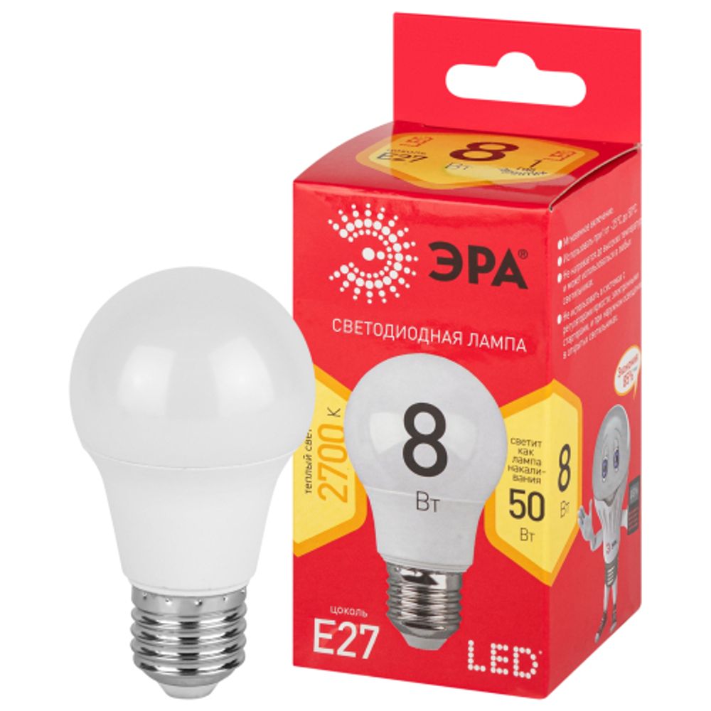 Лампочка светодиодная ЭРА RED LINE LED A55-8W-827-E27 R Е27 / E27 8 Вт груша теплый белый свет | Лампы cветодиодные Груша (A)
