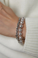 Браслет Твин 2 ряда бледно-сиреневого жемчуга и цепь ролло, оттенок серебро