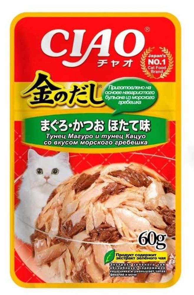 INABA КИННОДАСИ пауч 60г в желе тунец магуро и кацуо с греб,д/кошек RU201